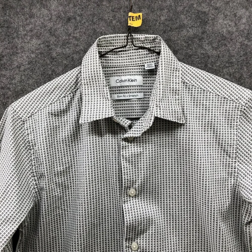 Calvin Klein Boys Size‎ 14 Long Sleeve Dress Shirt Slim Fit Houndstooth Gray